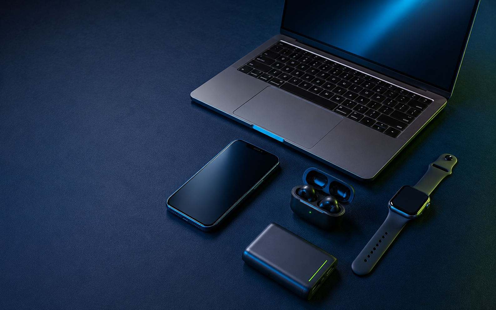 Unbranded laptop, smartphone, earbuds, smartwatch and power bank arranged on a modern desk